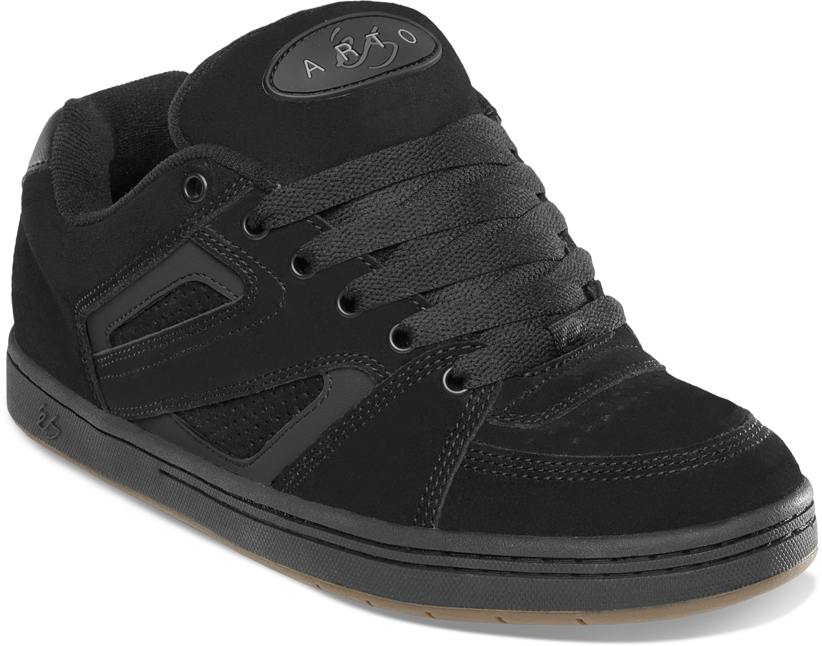 ACCEL OG X ARTO black skate shoe with durable suede upper and éS branding, inspired by early 2000s pro model design.