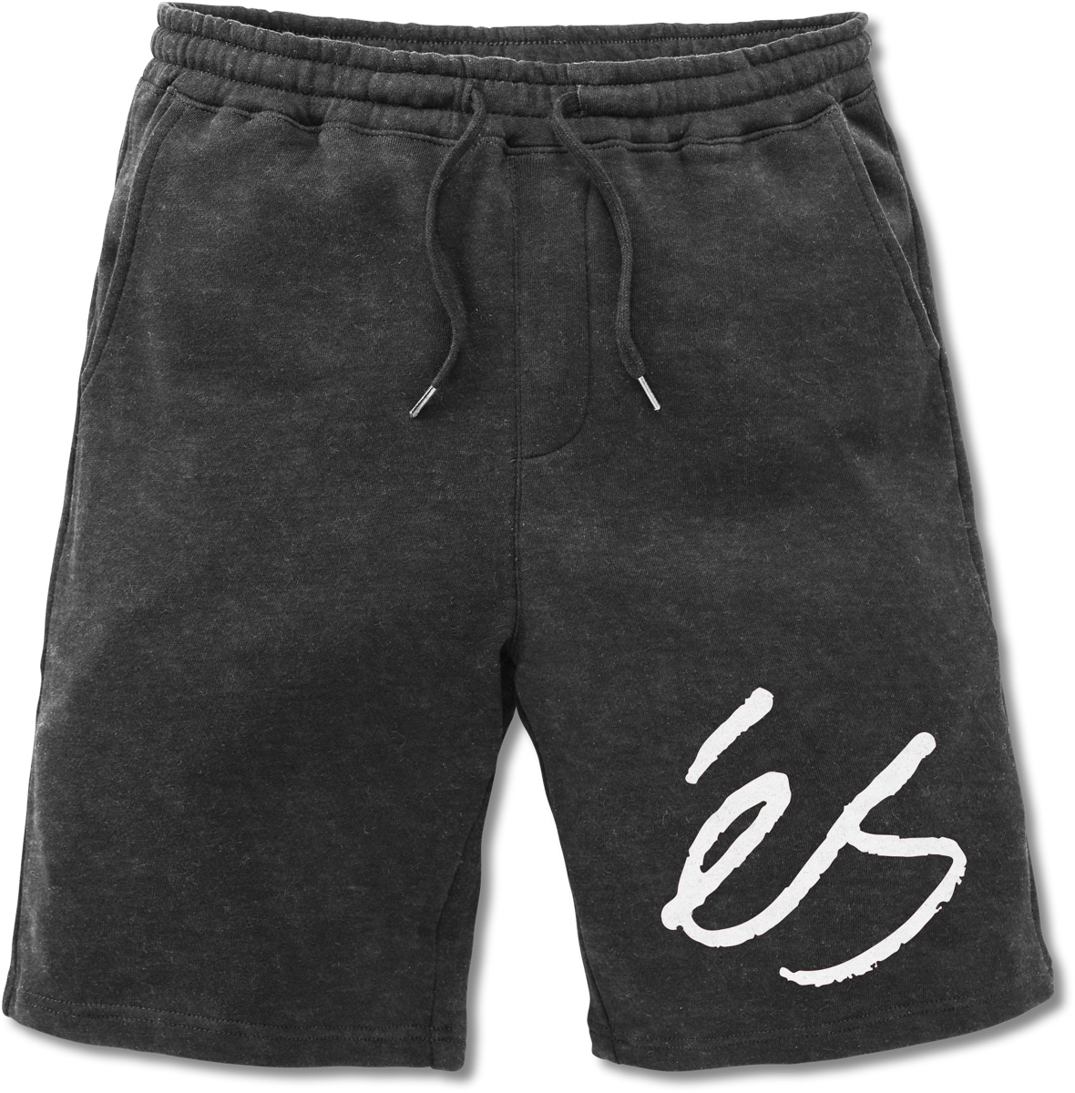 Black BIG SCRIPT SWEAT SHORTS with drawstring waist and white script design, made of ring-spun cotton/polyester blend.